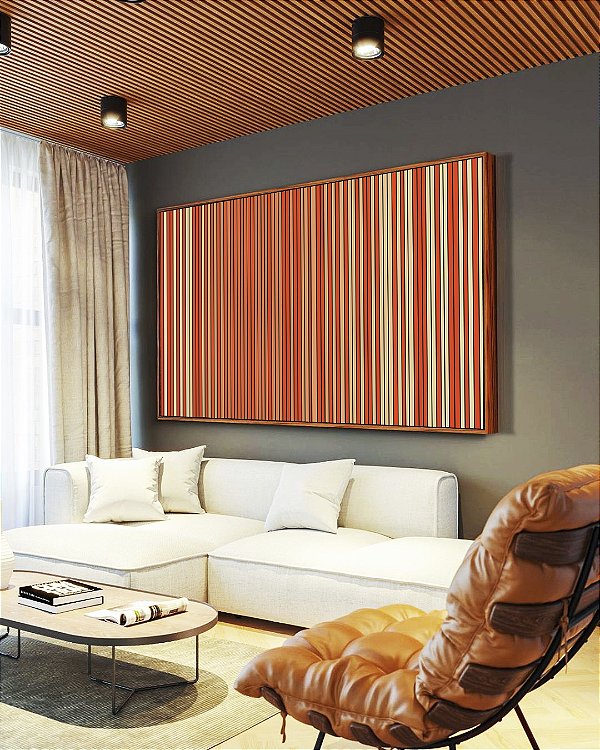 Quadro Horizontal Abstrato Listras Degradê Laranja Coral e Marfim Canvas Moldura