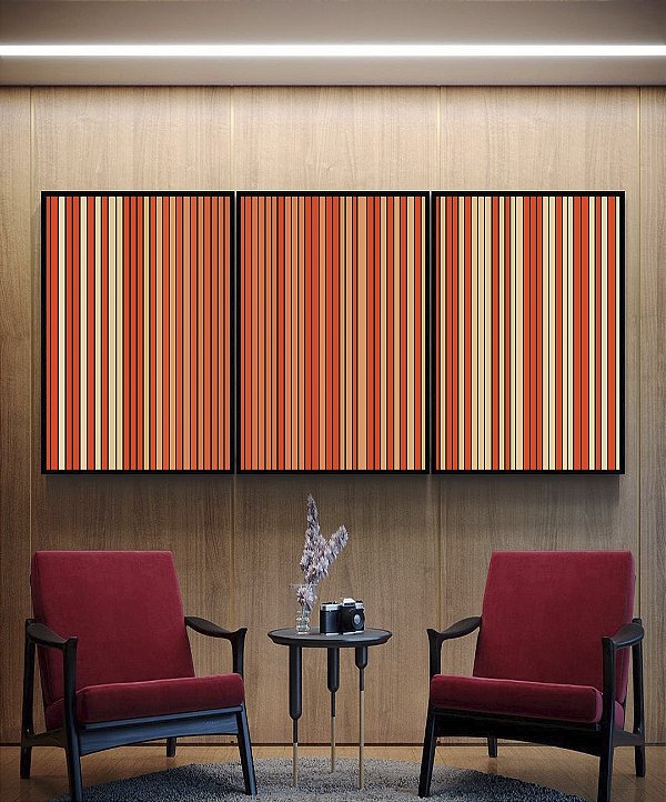 Trio de Quadros Abstrato Listras Degradê Laranja Coral e Marfim Canvas Moldura