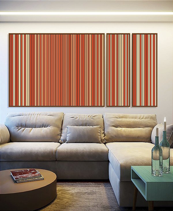 Trio de Quadros Estilizados Abstrato Listras Degradê Laranja Coral e Marfim Canvas Moldura