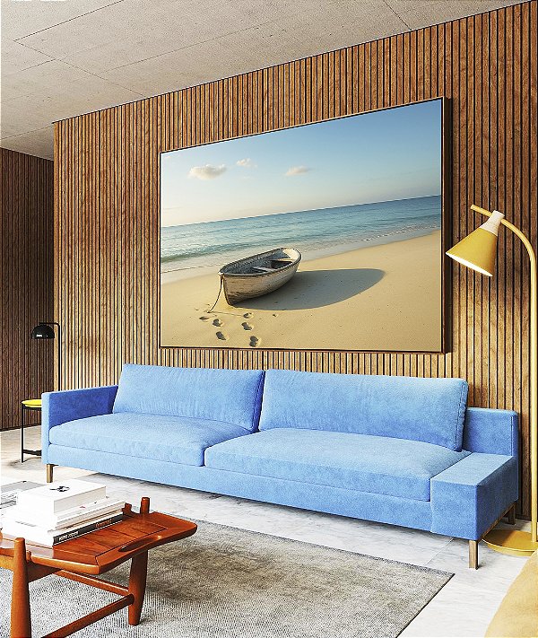Quadro Horizontal Barco em Praia de Mar Azul Calmo Céu Limpo Canvas Moldura
