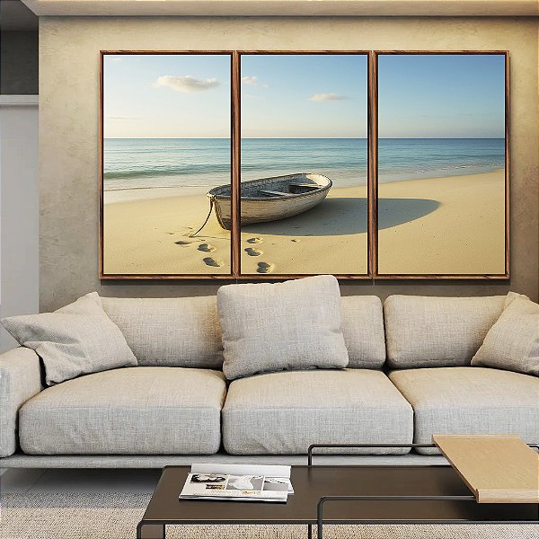 Trio de Quadros Barco em Praia de Mar Azul Calmo Céu Limpo Canvas Moldura