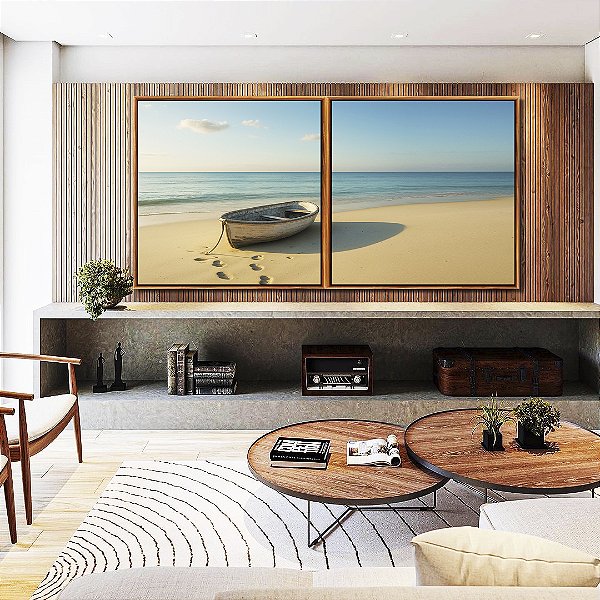 Duo de Quadros Quadrados Barco em Praia de Mar Azul Calmo Céu Limpo Canvas Moldura