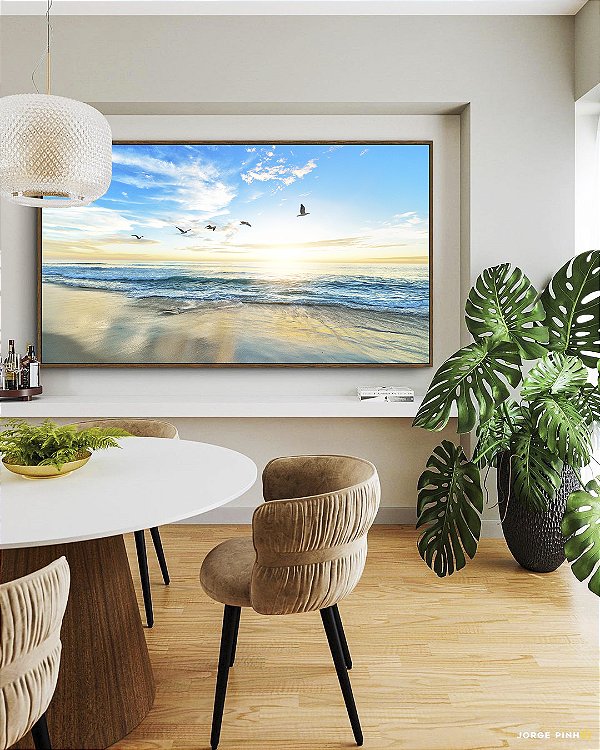 Quadro Horizontal Pássaros em Praia de Mar Calmo Azul Natureza Canvas Moldura