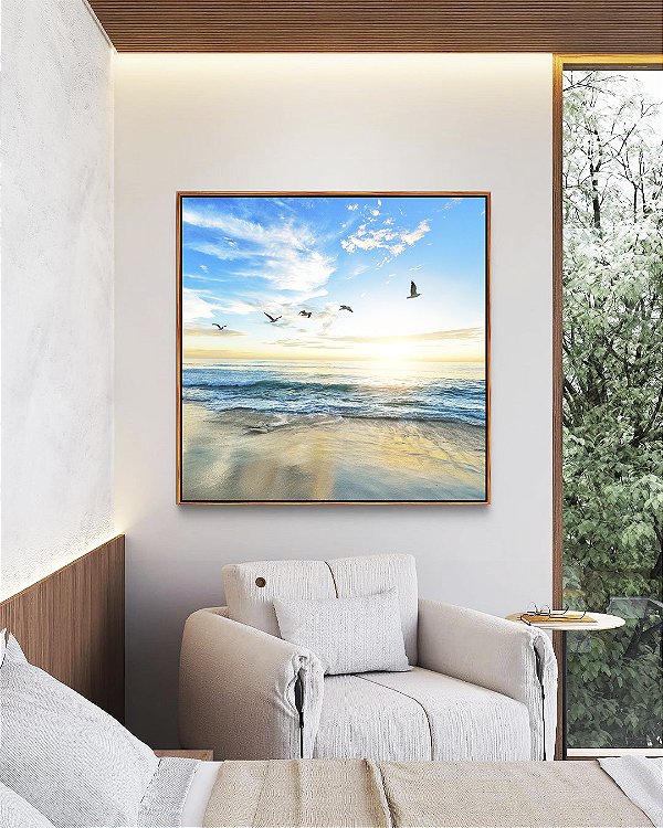 Quadro Quadrado Pássaros em Praia de Mar Calmo Azul Natureza Canvas Moldura