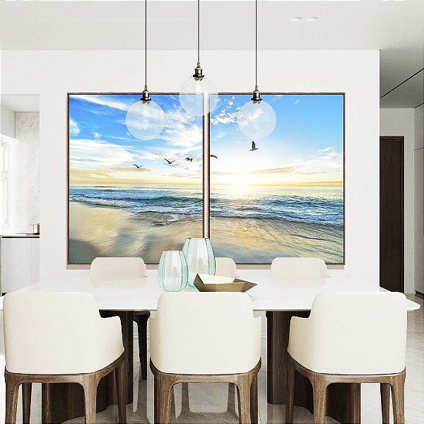 Duo de Quadros Pássaros em Praia de Mar Calmo Azul Natureza Canvas Moldura