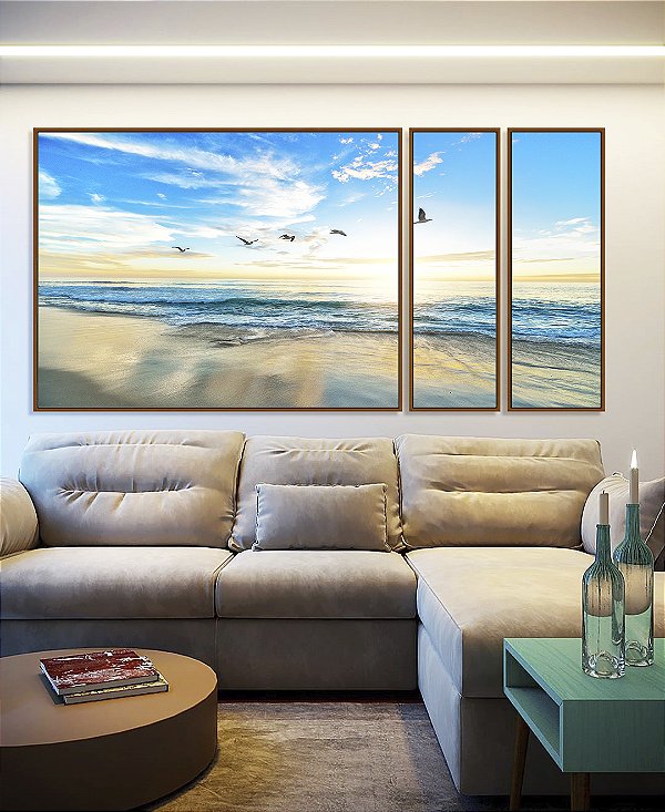 Trio de Quadros Estilizados Pássaros em Praia de Mar Calmo Azul Natureza Canvas Moldura