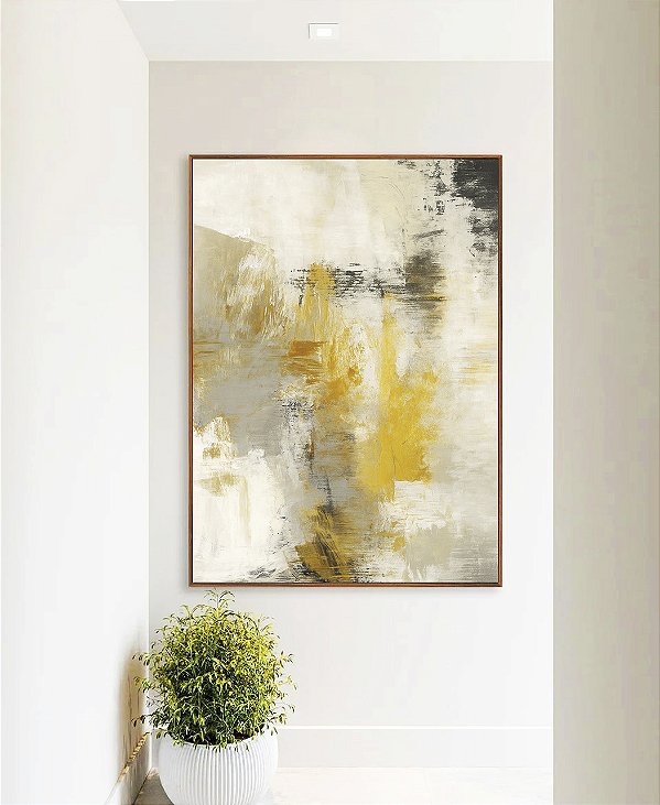 Quadro Vertical Abstrato Concreto Cinza Amarelo Mostarda Canvas Moldura