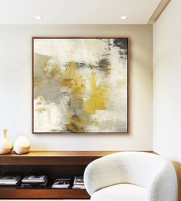 Quadro Quadrado Abstrato Concreto Cinza Amarelo Mostarda Canvas Moldura