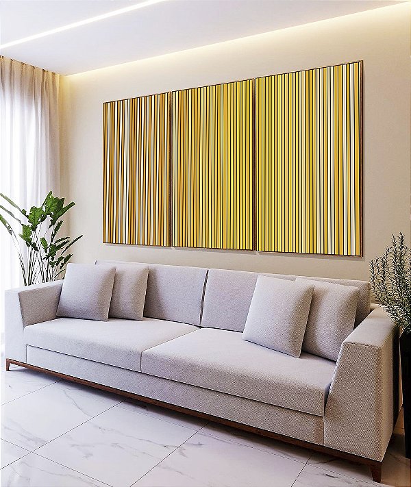 Trio de Quadros Abstrato Degradê Listras Dourado Amarelo Ouro Areia Canvas Moldura