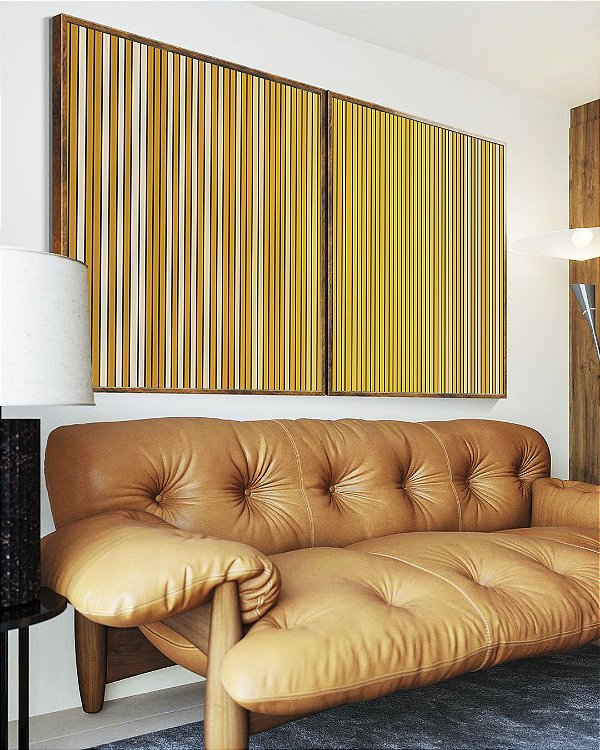 Duo de Quadros Abstrato Degradê Listras Dourado Amarelo Ouro Areia Canvas Moldura