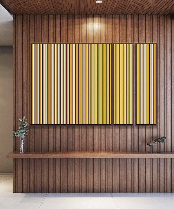 Trio de Quadros Estilizados Abstrato Degradê Listras Dourado Amarelo Ouro Areia Canvas Moldura