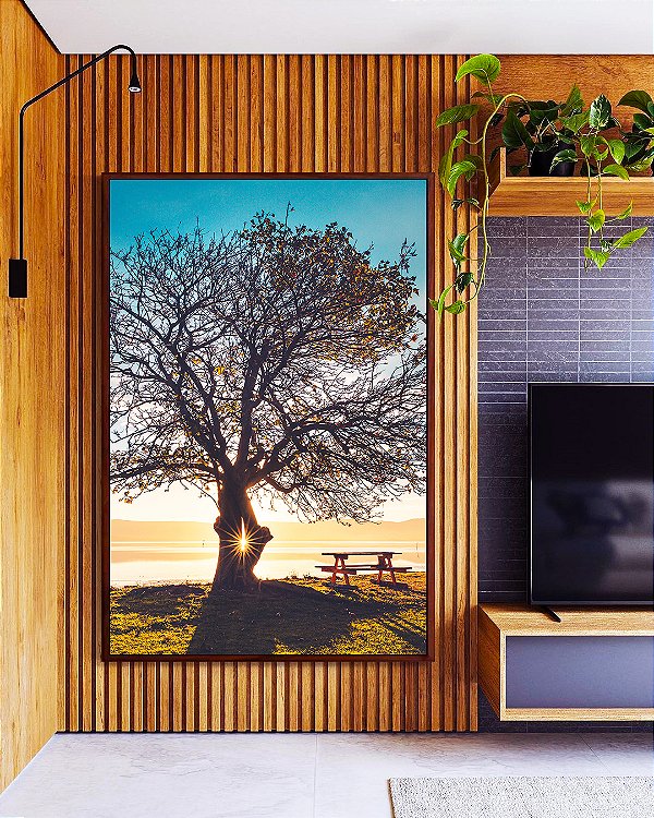 Quadro Vertical Árvore Banco Céu Azul e Luzes do Sol Paisagem Canvas Moldura