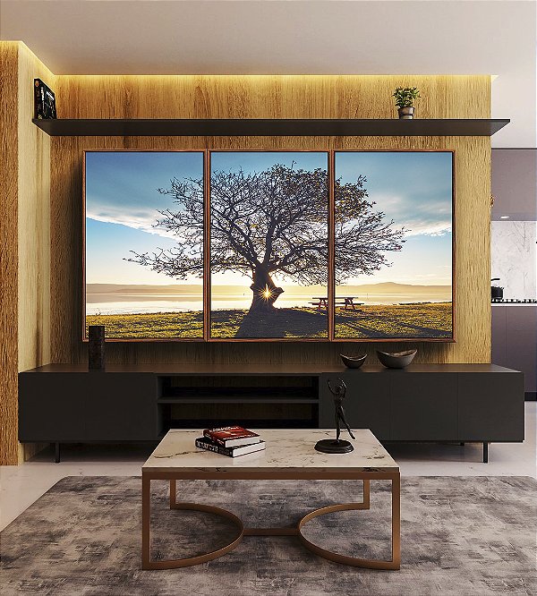 Trio de Quadros Árvore Banco Céu Azul e Luzes do Sol Paisagem Canvas Moldura