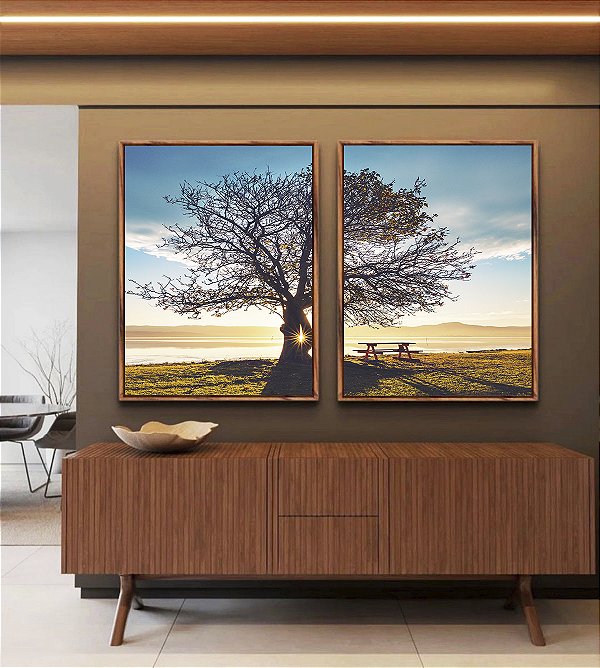 Duo de Quadros Árvore Banco Céu Azul e Luzes do Sol Paisagem Canvas Moldura