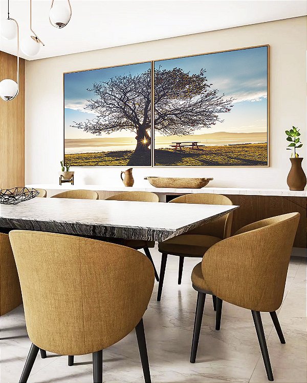 Duo de Quadros Quadrados Árvore Banco Céu Azul e Luzes do Sol Paisagem Canvas Moldura