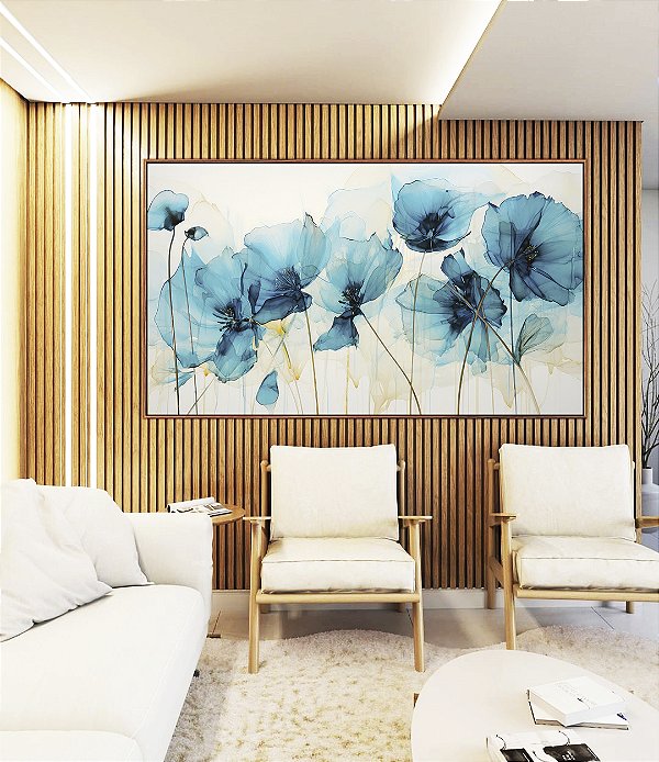 Quadro Horizontal Flores Decicadas Abstratas Cores Azul Dourado Canvas Moldura