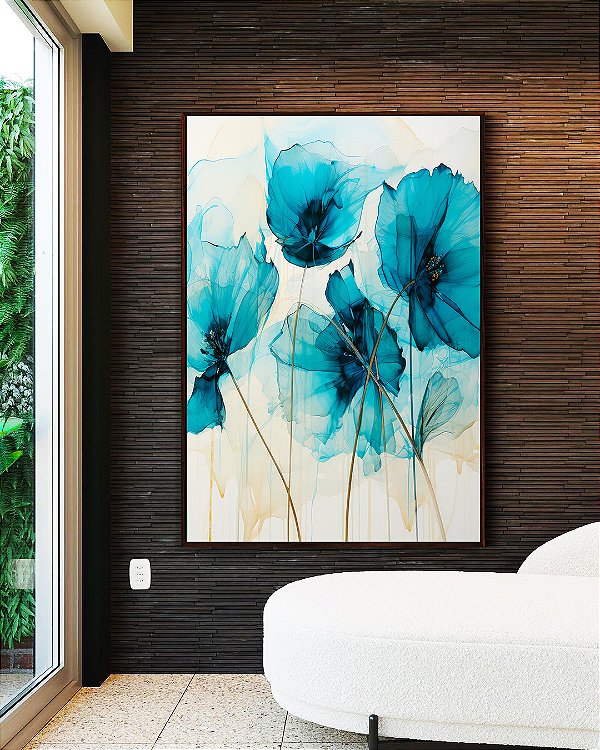 Quadro Vertical Flores Delicadas Abstratas Cores Azul Dourado Canvas Moldura
