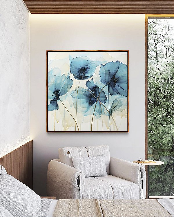 Quadro Quadrado Flores Delicadas Abstratas Cores Azul Dourado Canvas Moldura