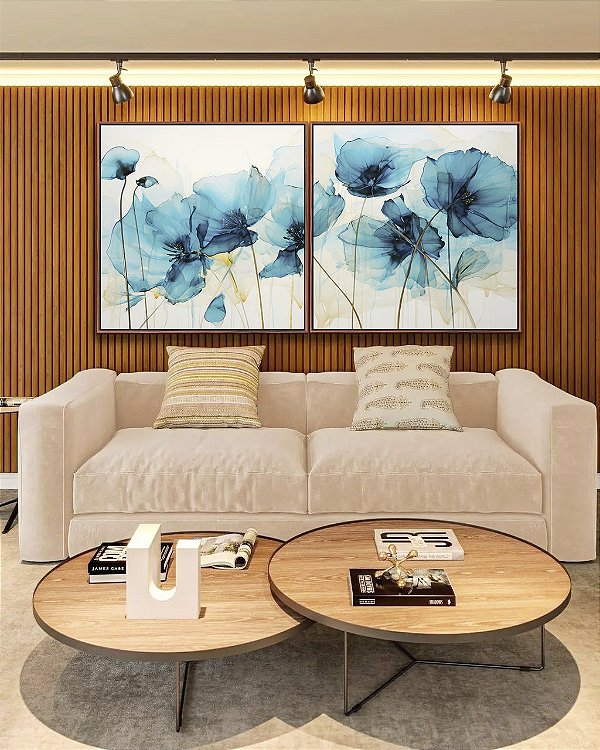 Duo de Quadros Quadrados Flores Delicadas Abstratas Cores Azul Dourado Canvas Moldura