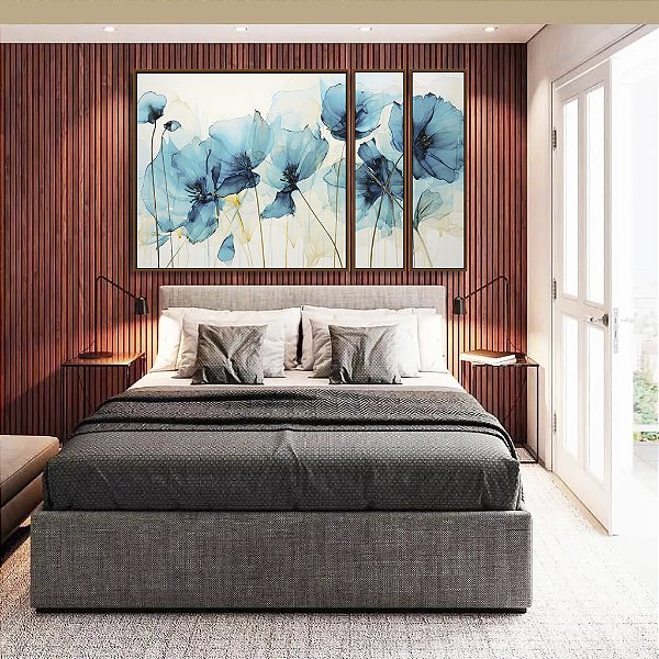 Trio de Quadros Estilizados Flores Delicadas Abstratas Cores Azul Dourado Canvas Moldura