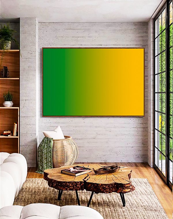Quadro Horizontal Abstrato Degradê Verde Esmeralda e Amarelo Dourado Canvas Moldura