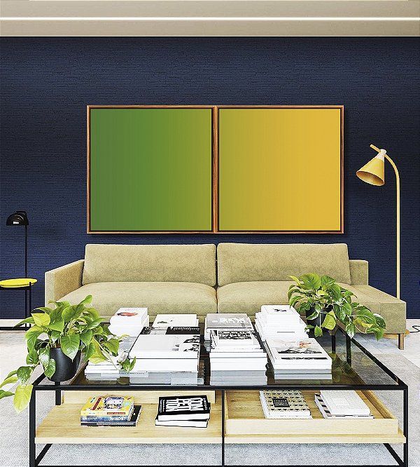 Duo de Quadros Quadrados Abstrato Degradê Verde Esmeralda e Amarelo Dourado Canvas Moldura