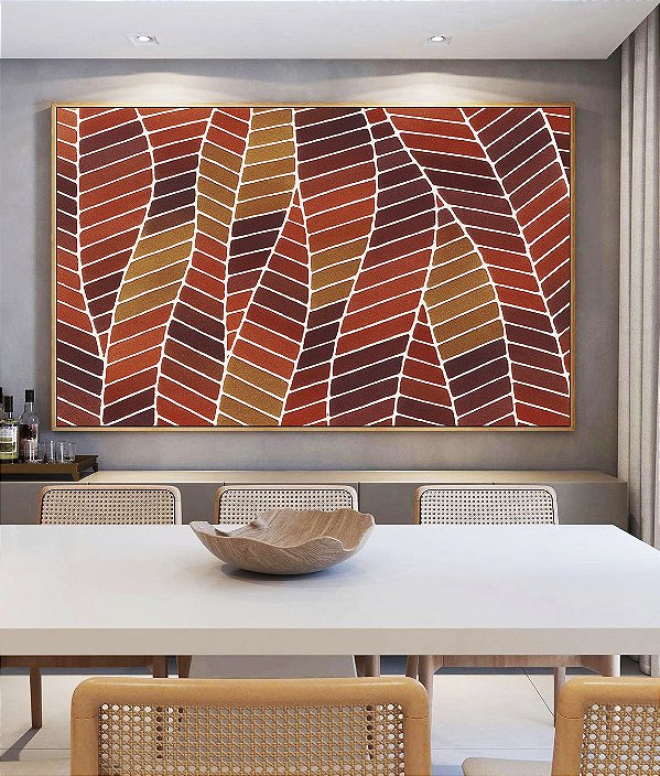 Quadro Horizontal Folhas Abstratas Marrom Terra Vermelho Tijolo Canvas Moldura