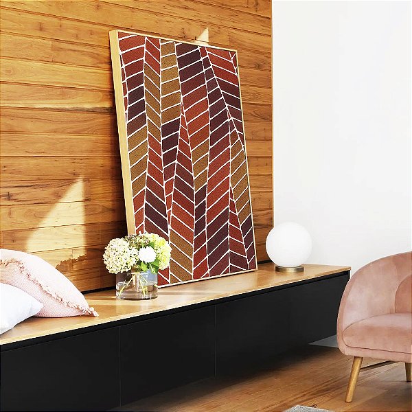 Quadro Vertical Folhas Abstratas Marrom Terra Vermelho Tijolo Canvas Moldura