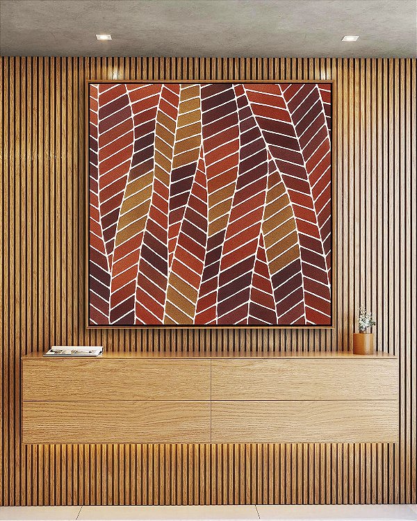 Quadro Quadrado Folhas Abstratas Marrom Terra Vermelho Tijolo Canvas Moldura
