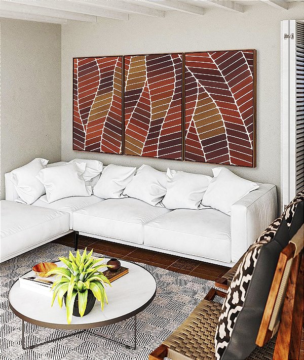 Trio de Quadros Folhas Abstratas Marrom Terra Vermelho Tijolo Canvas Moldura