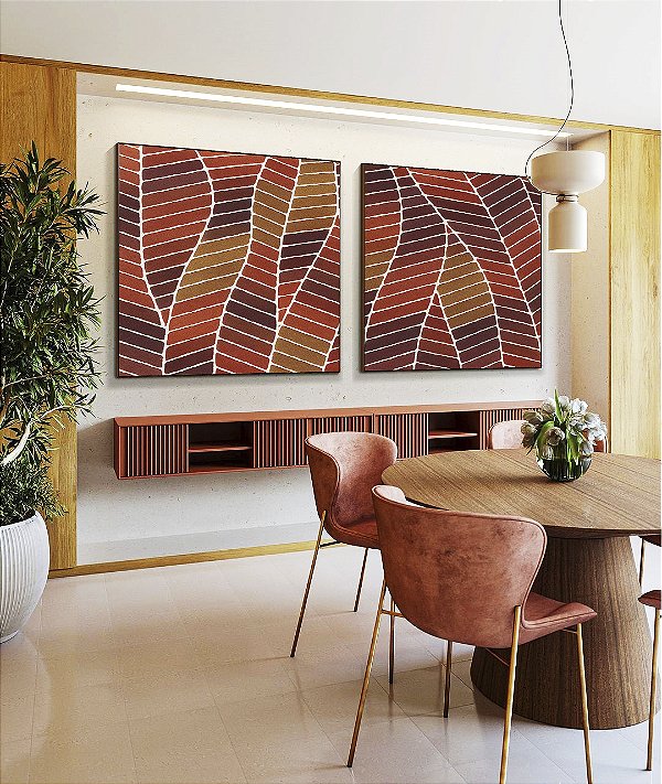 Duo de Quadros Quadrados Folhas Abstratas Marrom Terra Vermelho Tijolo Canvas Moldura