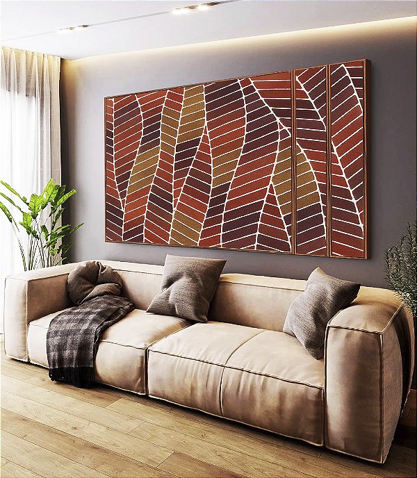 Trio de Quadros Estilizados Folhas Abstratas Marrom Terra Vermelho Tijolo Canvas Moldura