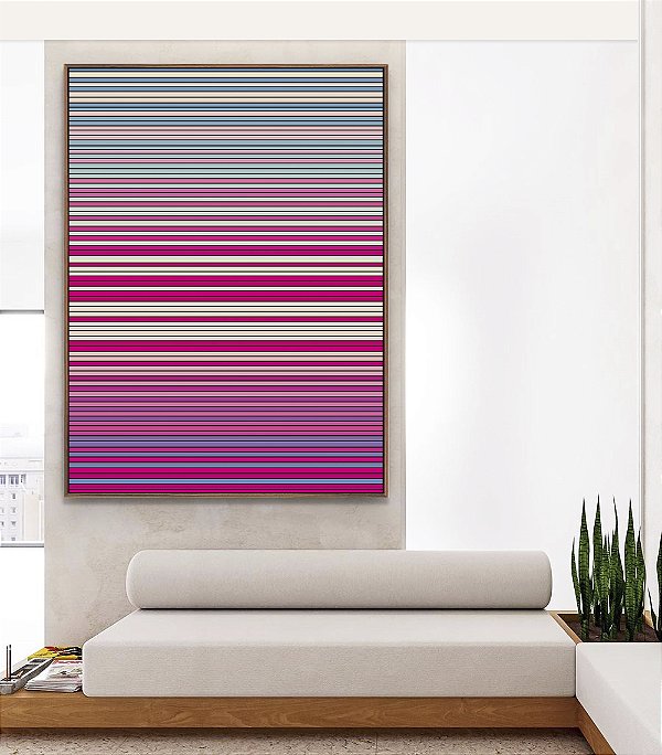 Quadro Vertical Abstrato Degradê Listras Rosa Choque Areia Azul Canvas Moldura