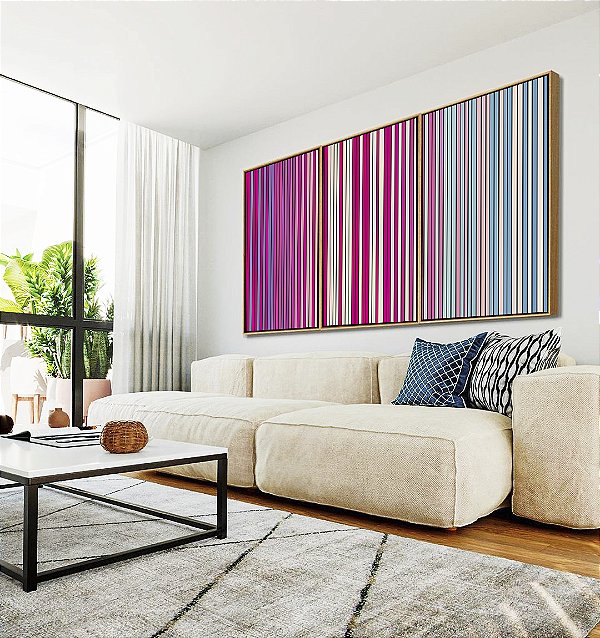Trio de Quadros Abstrato Degradê Listras Rosa Choque Areia Azul Canvas Moldura