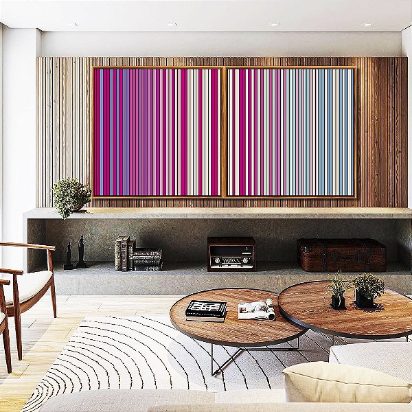 Duo de Quadros Quadrados Abstrato Degradê Listras Rosa Choque Areia Azul Canvas Moldura