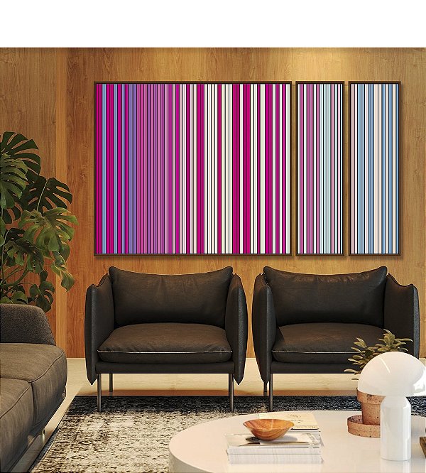 Trio de Quadros Estilizados Abstrato Degradê Listras Rosa Choque Areia Azul Canvas Moldura