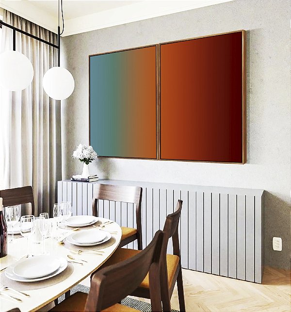 Duo de Quadros Abstrato Degradê Azul Petróleo Caramelo e Bordô Canvas Moldura