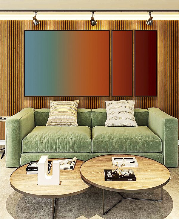 Trio de Quadros Estilizados Abstrato Degradê Azul Petróleo Caramelo e Bordô Canvas Moldura