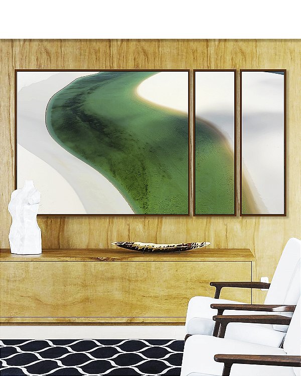 Trio de Quadros Estilizados Mar Turquesa Dunas de Areia Branca Natureza Canvas Moldura