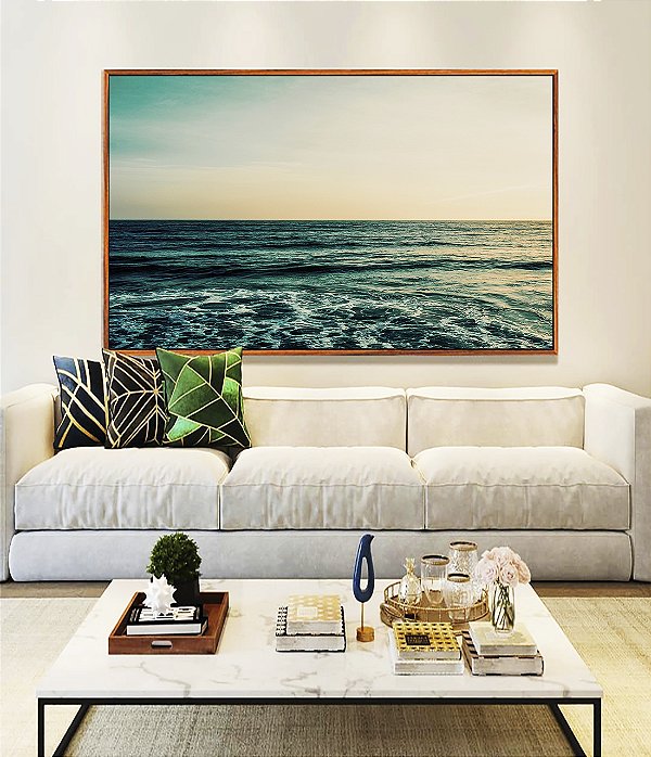 Quadro Horizontal Mar Turquesa Calmo e Céu Claro Natureza Canvas Moldura