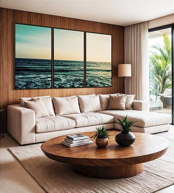 Trio de Quadros Mar Turquesa Calmo e Céu Claro Natureza Canvas Moldura