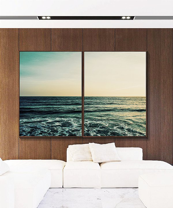 Duo de Quadros Mar Turquesa Calmo e Céu Claro Natureza Canvas Moldura