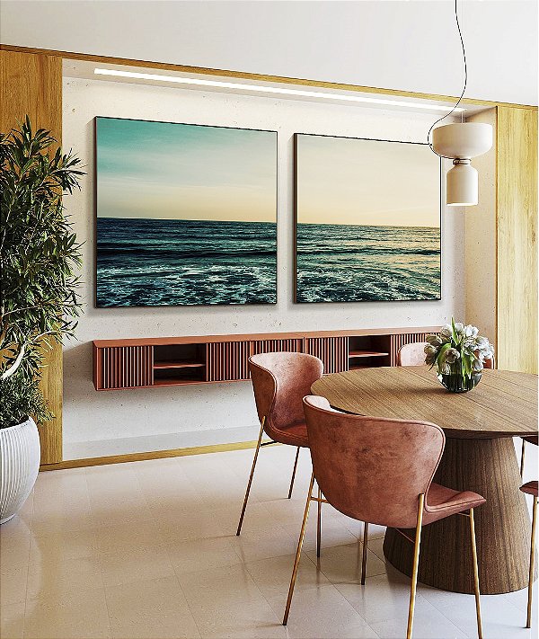 Duo de Quadros Quadrados Mar Turquesa Calmo e Céu Claro Natureza Canvas Moldura