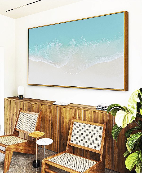 Quadro Horizontal Mar Azul Suave e Praia de Areia Branca Canvas Moldura