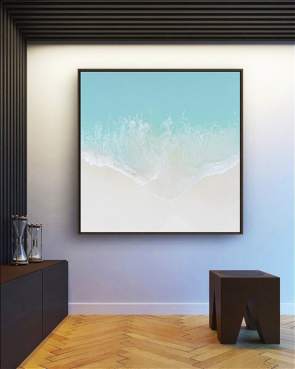 Quadro Quadrado Mar Azul Suave e Praia de Areia Branca Canvas Moldura