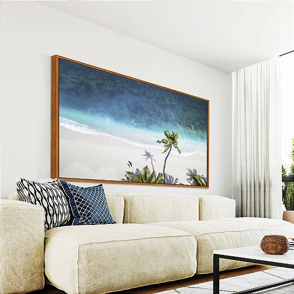 Quadro Horizontal Mar Azul e Coqueiro em Praia Branca Canvas Moldura