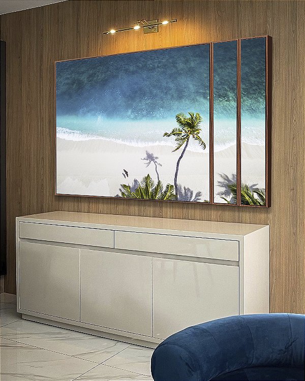 Trio de Quadros Estilizados Mar Azul e Coqueiro em Praia Branca Canvas Moldura