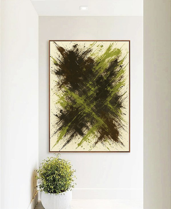 Quadro Vertical Abstrato Verde Pistache Marrom Efeito Pintura Canvas Moldura