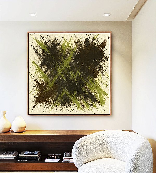 Quadro Quadrado Abstrato Verde Pistache Marrom Efeito Pintura Canvas Moldura