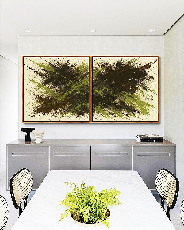 Duo de Quadros Quadrados Abstrato Verde Pistache Marrom Efeito Pintura Canvas Moldura